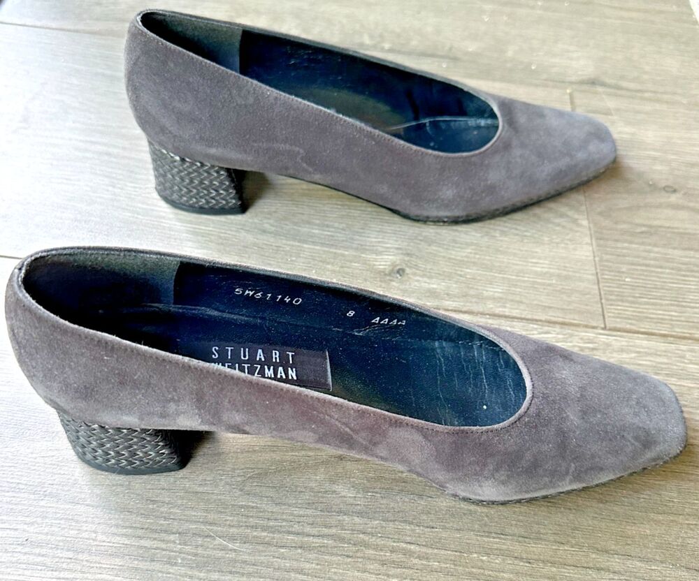Stuart Weitzman Gray Suede Block Heel Pump Braided Accent EUC Size 8 AAAA Narrow